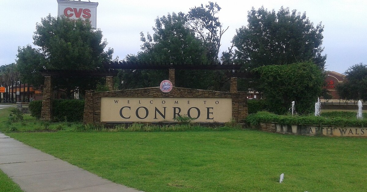 Conroe Welcome Sign, located at the corner of SH 105 and Dallas St. Conroe Welcome Sign