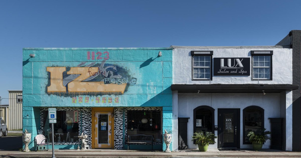 Colorful, or as one facade calls it, "funky," storefronts in Nederland, Texas, near Port Arthur