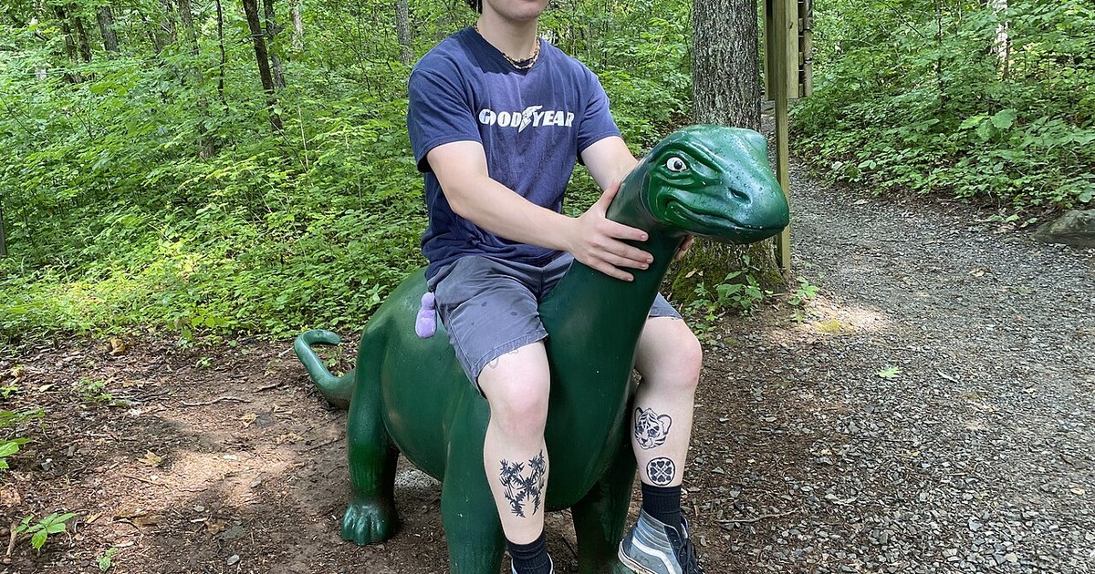 a man sitting on a kids exhibit at dinosaur park in bluff city tennessee Bluff city dino