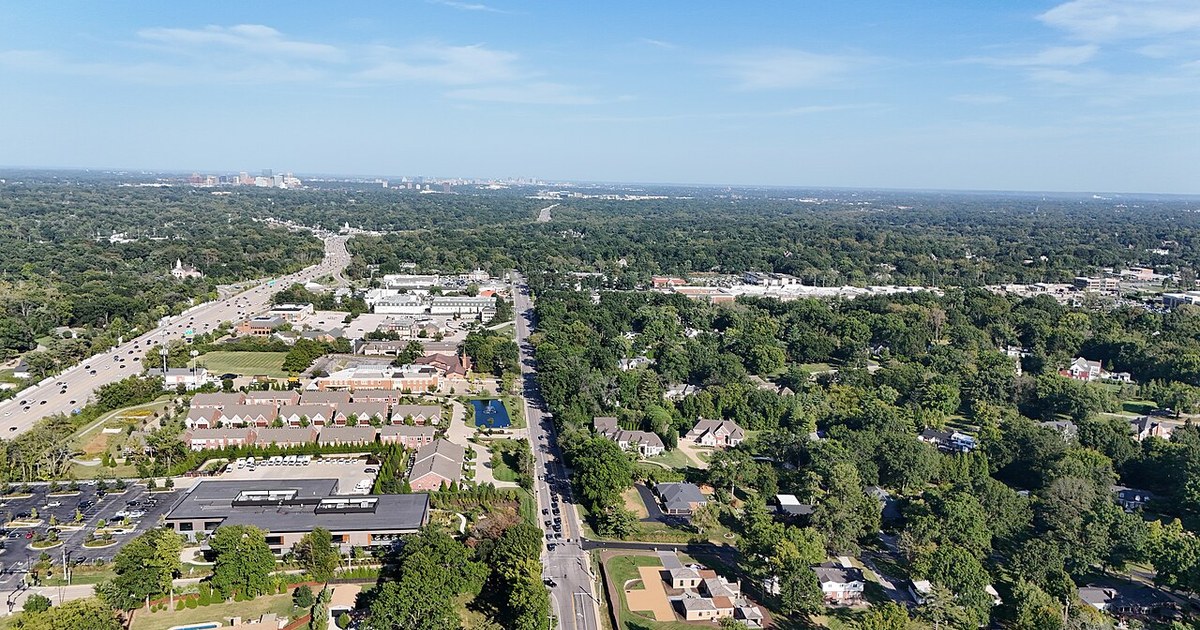 Aerial/Drone photo of Frontenac, Missouri facing east on Clayton Road. Drone photo of Frontenac Missouri