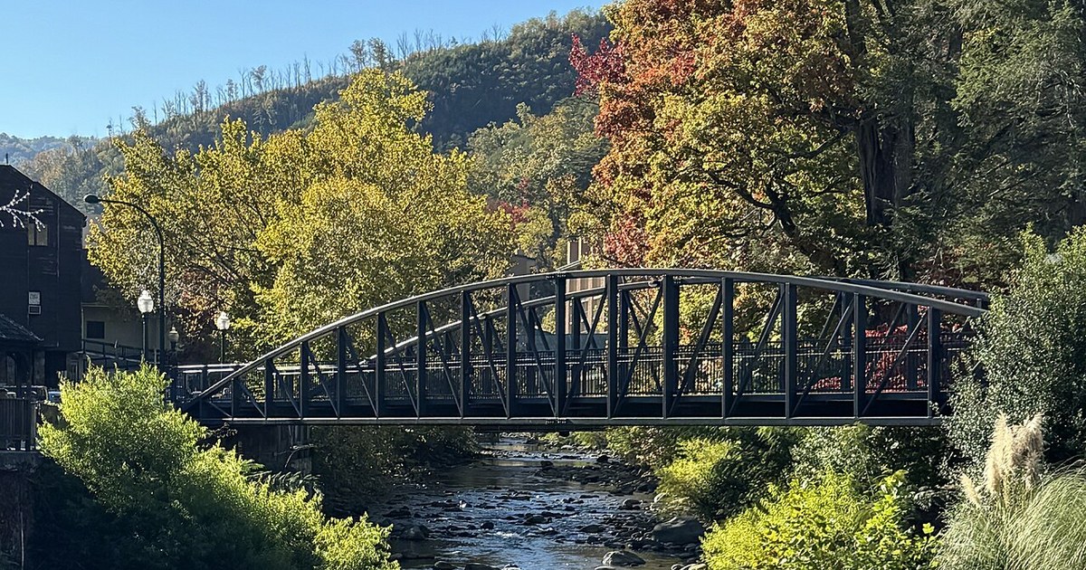 Footbridge in Gatlinburg over a prong of the Little Pigeon River Gatlinburg footbridge - October 2023 - Sarah Siterch