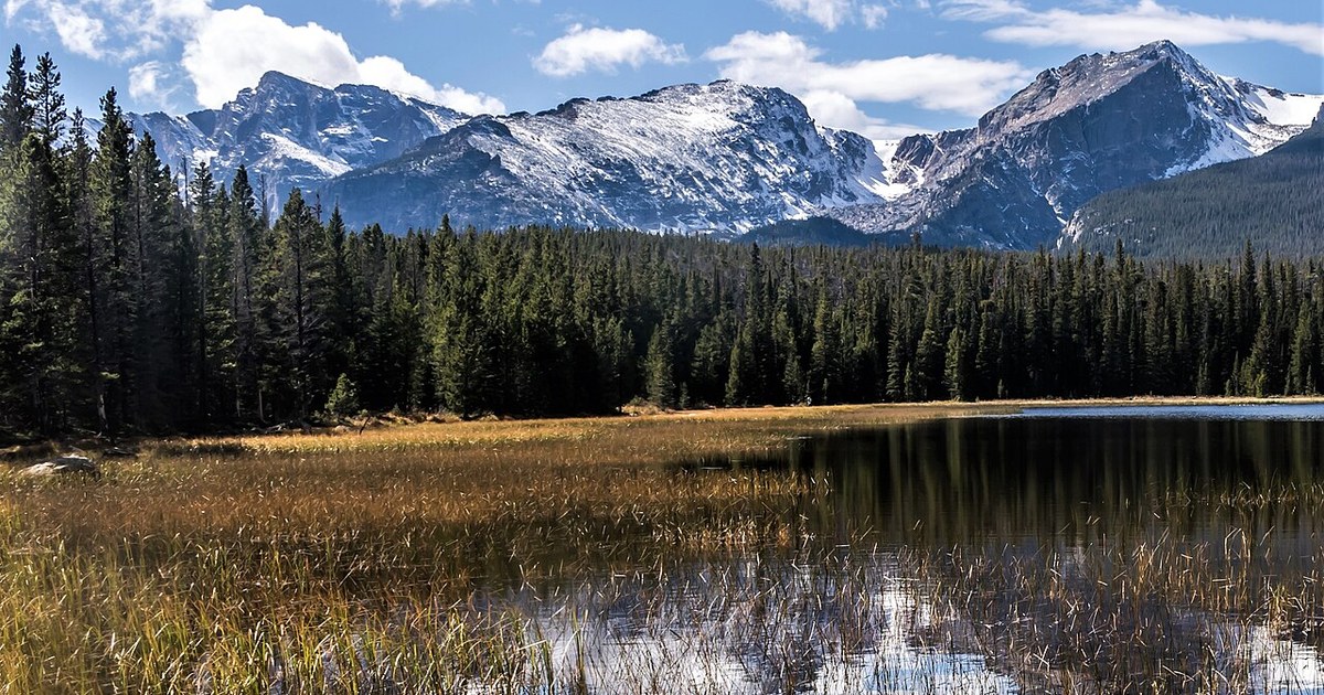 Taylor Peak, Otis Peak, and Hallett Peak in Rocky Mountain National Park Colorado. Taylor, Otis, Hallett