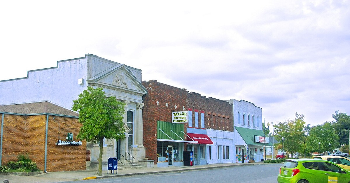 Buildings along Main Street in Ridgely, Tennessee, United States. Ridgley-Main-St-tn